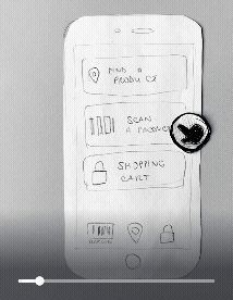 Interactive prototype home screen: find a product, scan a package, shopping cart
