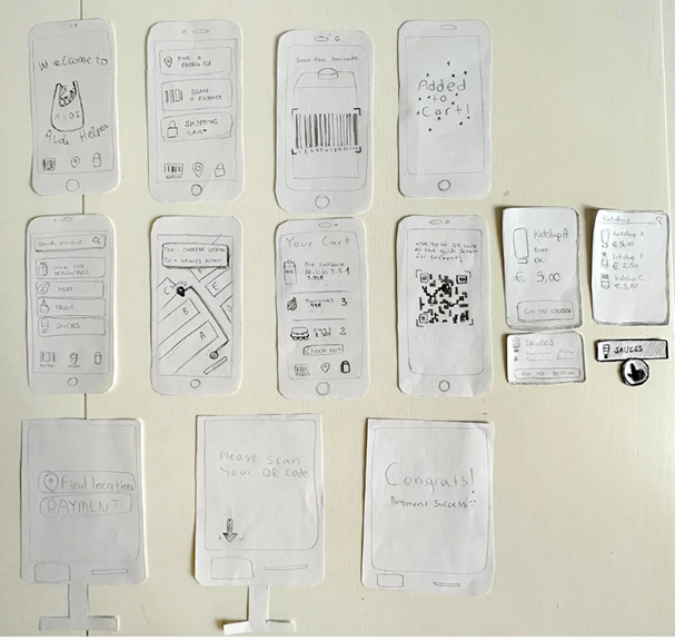 Paper prototype screens for the Aldi concept app