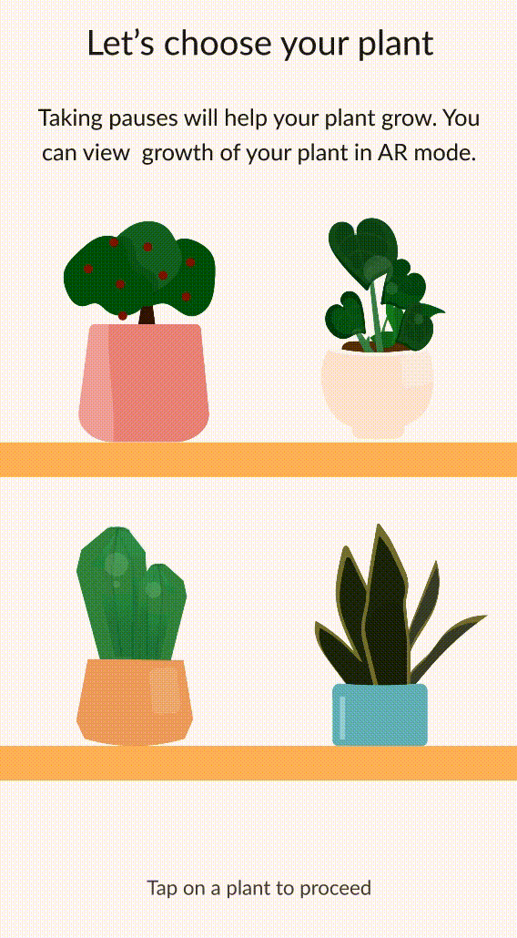 Buddy screen: choosing a plant from a shelf of four, with a note that pauses help it grow