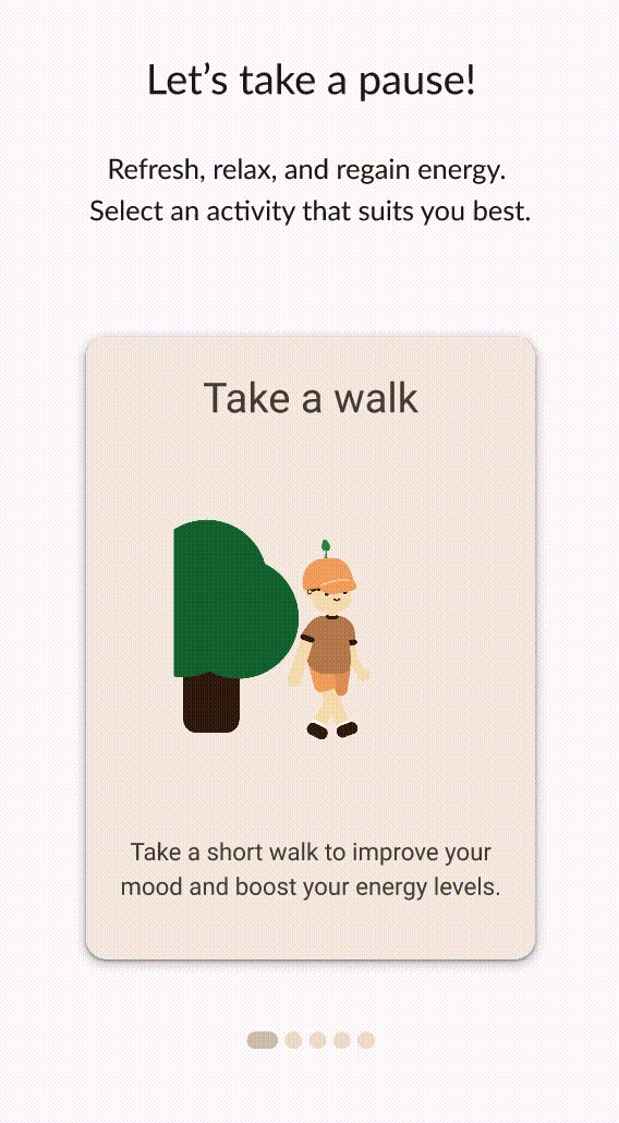 Buddy screen: swiping through break activity cards — walk, stretch, dance, yoga