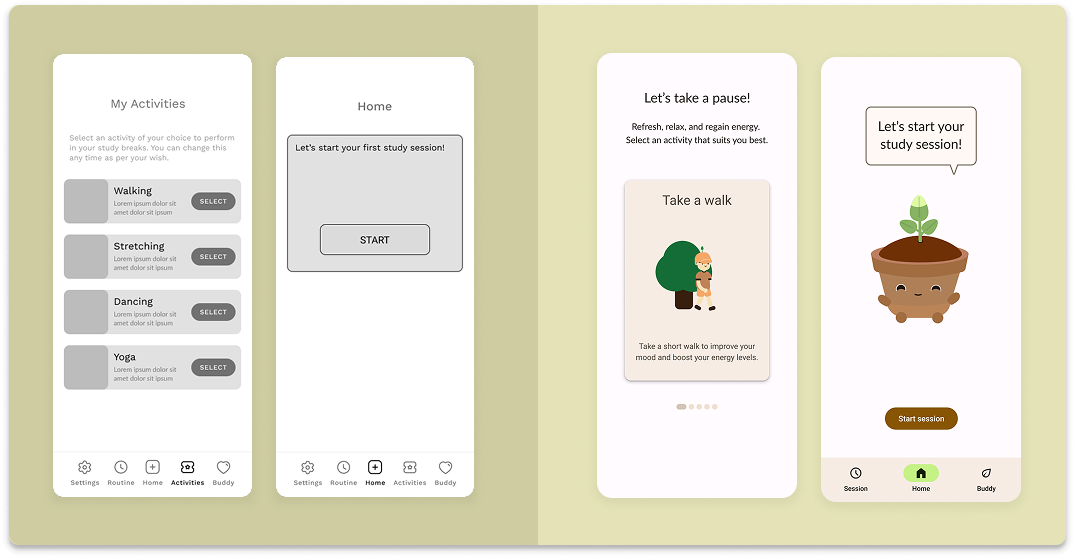 Buddy screens: activities, start study session, a take-a-pause prompt, and a growing plant character